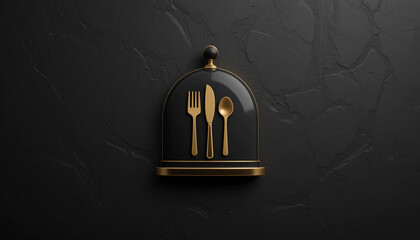 Obraz premium Elegant gold and black emblem of cutlery on a cloche, symbolizing fine dining or luxury restaurant branding.