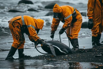 Rescue team assisting injured penguin on rocky beach in rain gear