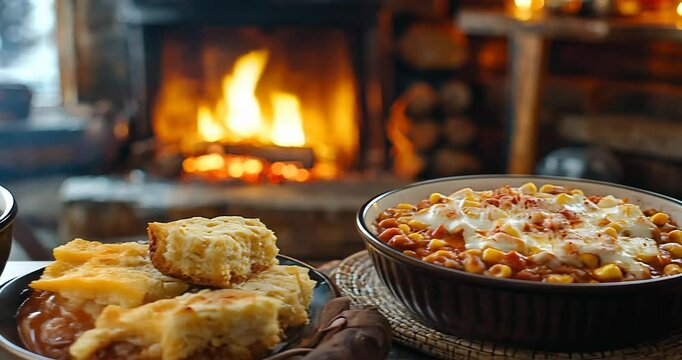 Cozy indoor setting featuring a hearty chili dish with cornbread and beer by a warm fireplace