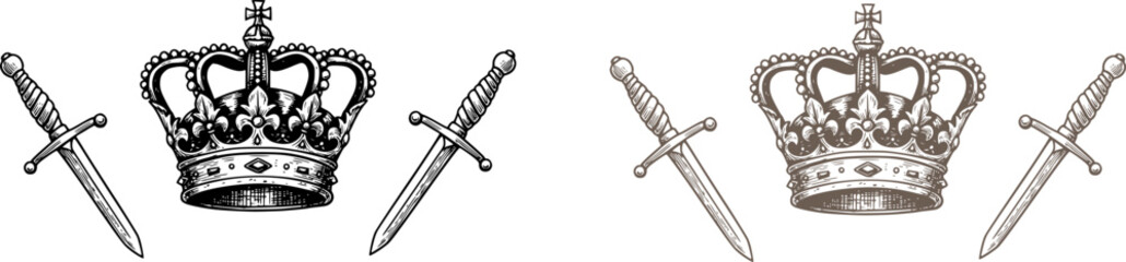 Hand drawn Crown. Vintage engraved illustration. Heraldic Design. King Crown sketch. Hand drawn royal symbol of power drawn on white. Vintage engraved illustration