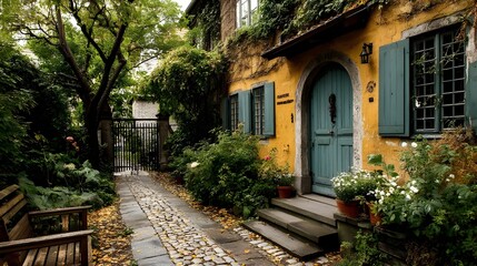 Fototapeta premium Step into Charm at This Enchanting House Featuring a Wooden Gate Framed by Cobbled Pathways