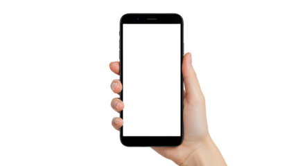 Female hands raising mobile phone on transparent PNG background,generative ai