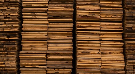 Stack of wooden planks in a lumberyard representing construction materials and woodworking industry