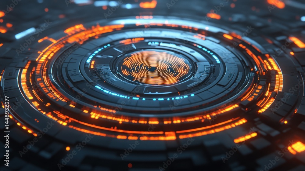Poster abstract futuristic technology interface: glowing circular mechanism