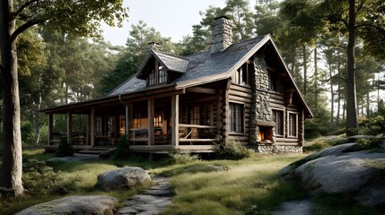 3D Traditional Log Cabin with Crackling Fireplace on Peaceful Mountain Hilltop for Cozy Retreat Inspiration
