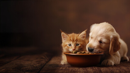 Plakat Kitten and puppy eating from same bowl. Friendship and pet care concept