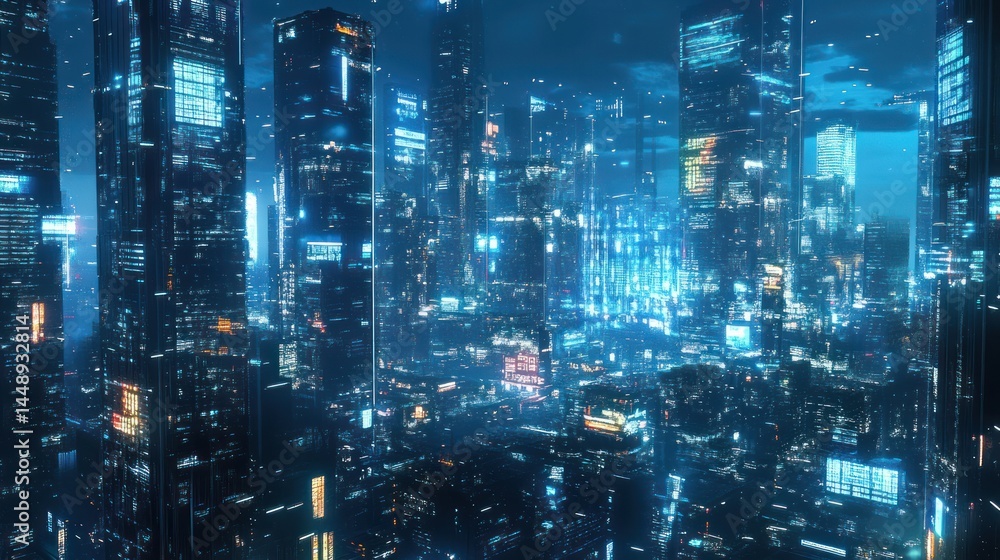 Poster futuristic metropolis cityscape with shimmering lights and towering architecture