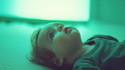 Serene Baby Lying on Soft Surface with Gentle Green Lighting in Background