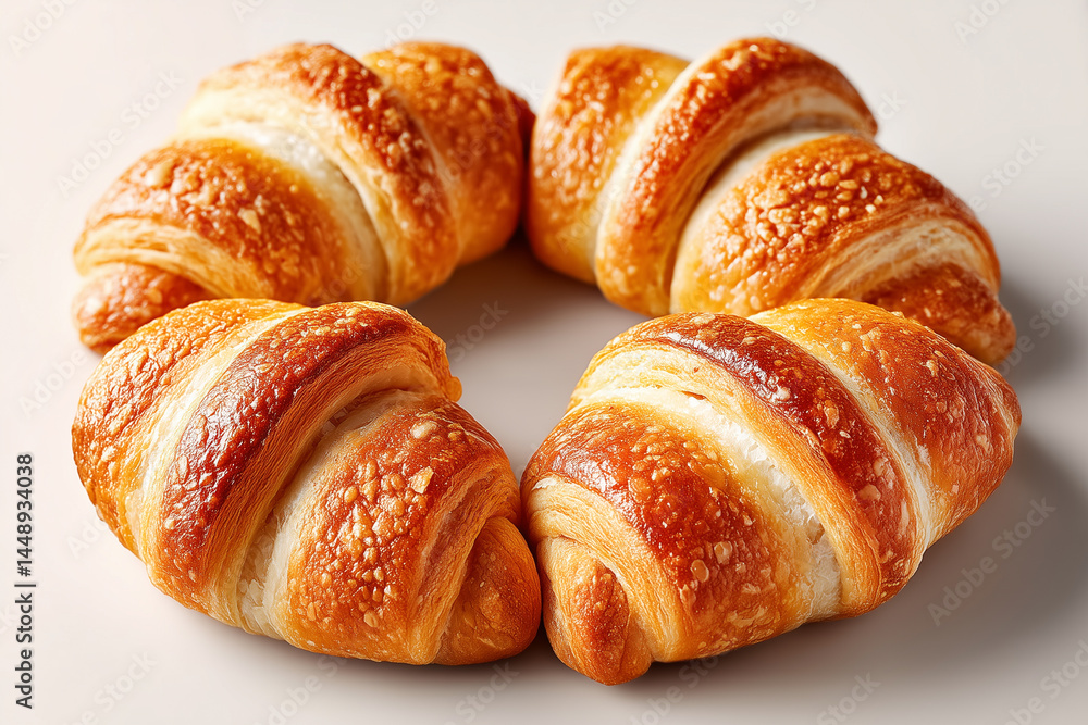 Poster minimalist display of mini croissants arranged in circular form highlighting golden brown crust. cle