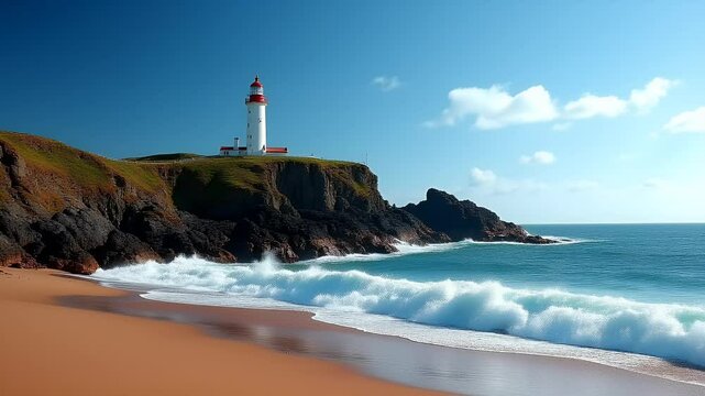 Picturesque Coastal Scenery Featuring a Prominent Lighthouse on a Welsh Island