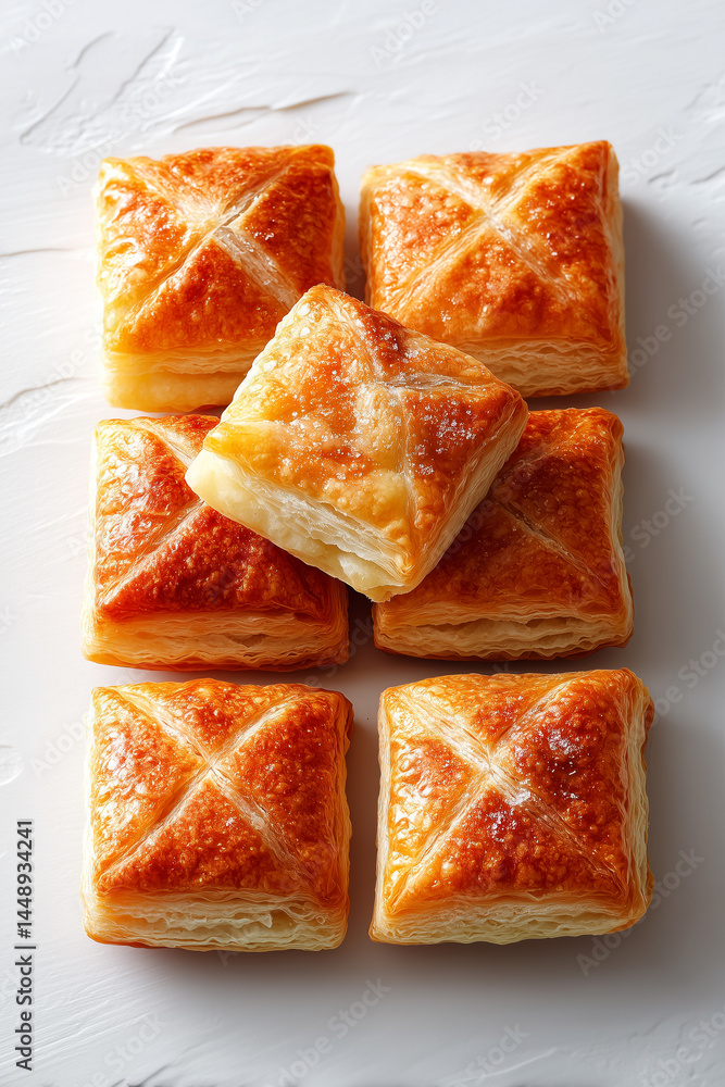 Poster ai minimalist composition featuring puff pastry squares with golden flaky crust. ideal setting for a