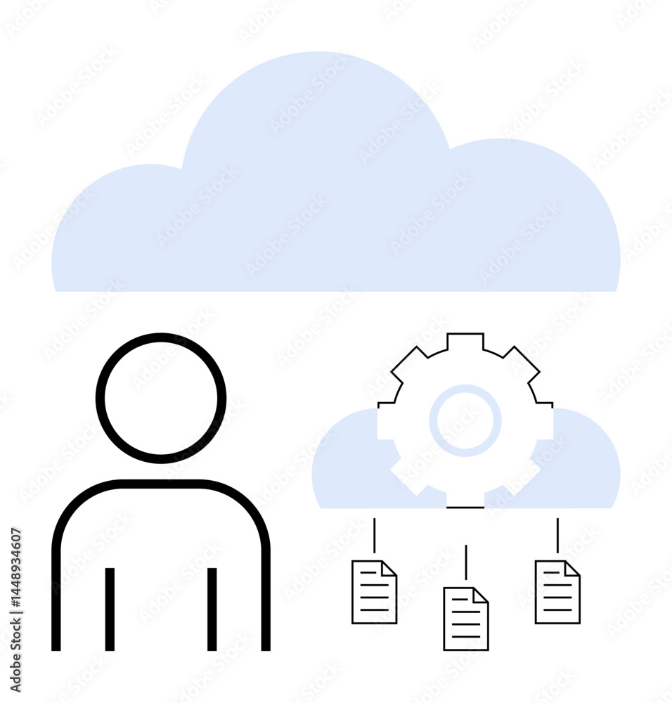Poster person connected to cloud, gear symbolizing automation, documents representing data sharing. ideal f