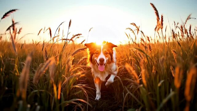 Happy Border Collie Running Through Golden Wheat Field at Sunset