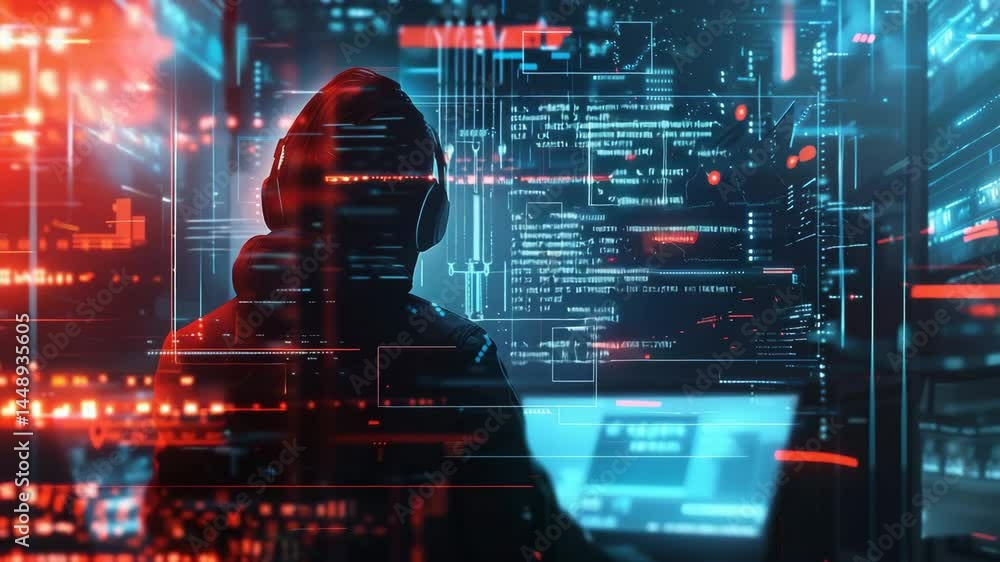 Poster mysterious figure in hoodie lit by glowing computer screen in dark room with holographic display