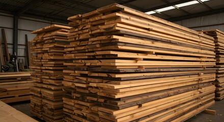 Stack of wooden planks in a lumberyard representing construction materials and woodworking industry