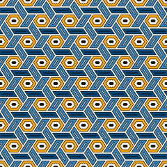 Hexagonal seamless pattern. Mosaic tiles. Geometrical wallpaper. Honeycomb print. Ethnic ornament illustration. Wicker background. Flooring image. Geometric backdrop. Vector artwork.