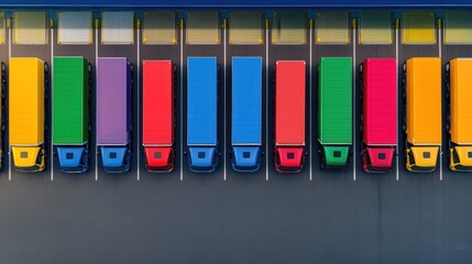 Fototapeta premium Colorful Trucks Parked in a Row: Aerial View of a Logistics Hub