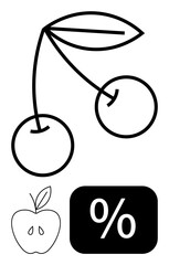 Outline of cherry branch with two fruits, apple, and bold percentage sign. Ideal for nutrition, discounts, mathematics, health, simplicity minimalism educational visuals. Flat simple metaphor