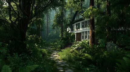 Fototapeta premium Tranquil Tall-Tree Surrounded Residence Architecture Ideas for Harmonious Nature Integration and Scenic Peaceful Outdoor Living