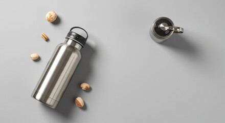 Naklejka premium Stainless Steel Bottle with Nuts on Gray Background
