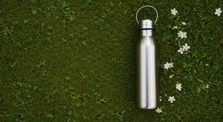 Metal Bottle on Green Grass with Flowers