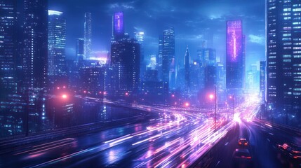 Luminous metropolis: dynamic cityscape at night with vibrant light streaks trails