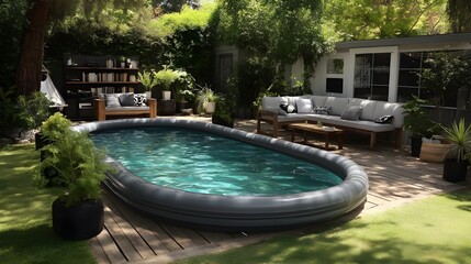 Charcoal Grey Inflatable Pool in Minimalist Garden Setting for Sleek Outdoor Sanctuary and Modern Relaxation Inspiration