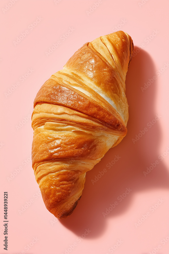 Aufkleber minimalist composition of croissant with flaky layers on soft pink background. focus on texture and 