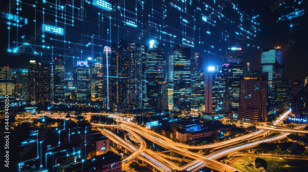Poster futuristic urban landscape augmented with digital data network integration