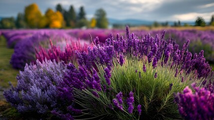 Obraz premium Field of Blooming Lavender with Gradient Sky at Sunset for Tranquil Floral Landscape Photography Inspiration