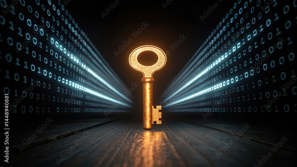 Poster digital key glowing dark with binary code background