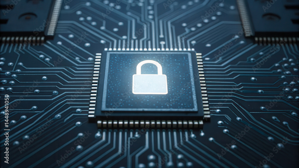 Poster close up of digital lock icon computer chip, representing