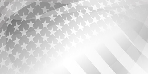 Grayscale vector illustration of a waving American flag with stars and stripes, designed in a minimalist style with smooth curves.