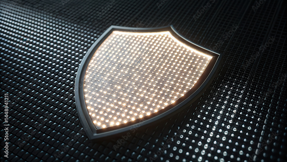 Poster glowing shield made of tiny binary characters dark digital