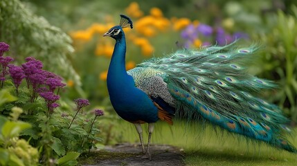 Obraz premium Witness Magnificent Peacock Display Featuring Vibrant Feathers Unfolding Gracefully in Exotic Garden’s Enchanting Oasis Immersion