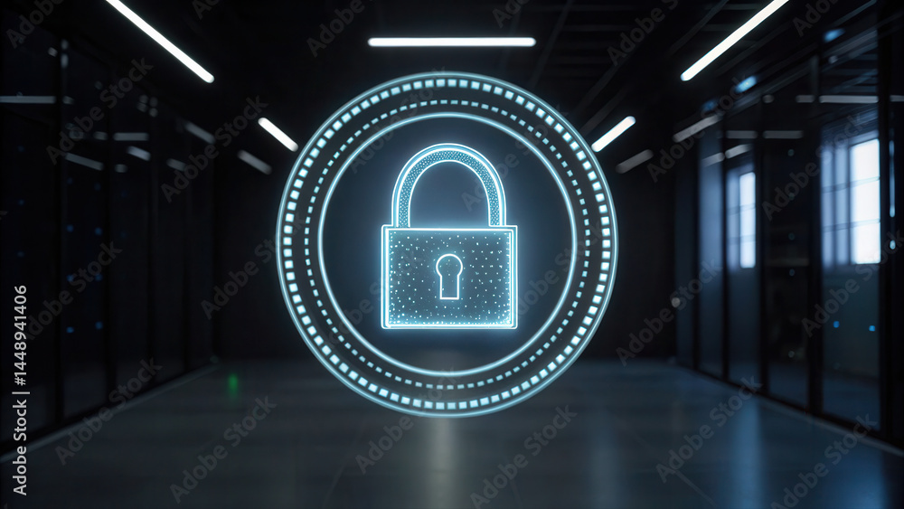 Poster digital lock icon representing cybersecurity and data protection