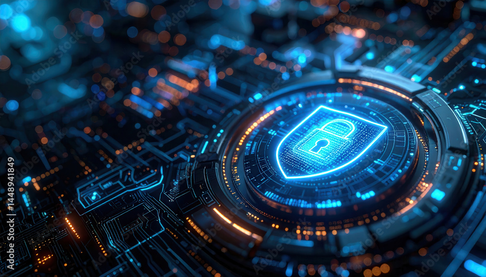 Poster cybersecurity concept with digital lock icon glowing circuit board