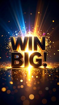 Exciting Bright Big Win Text Display Celebrating Success with Radiant Lights and Sparkles. AI Generative
