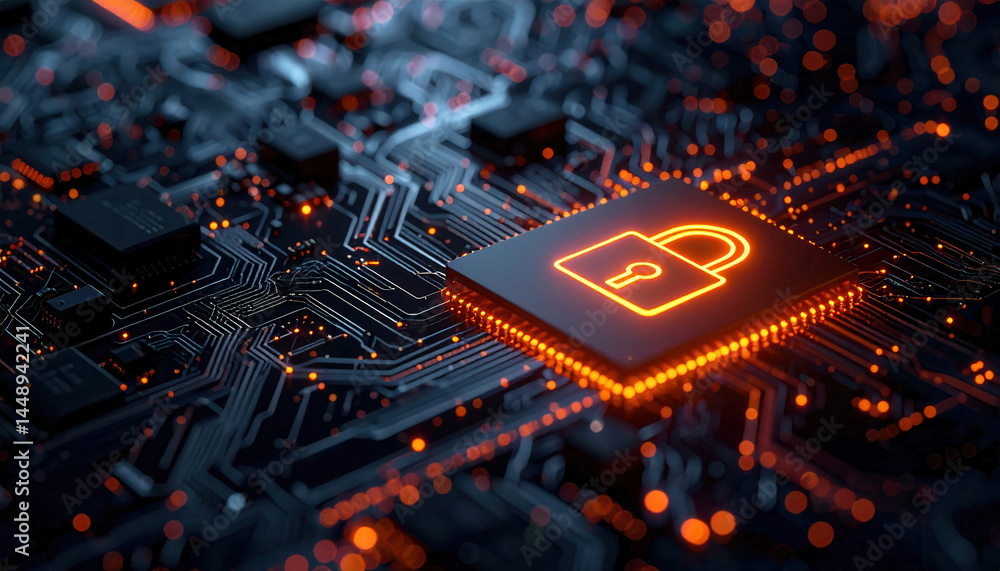 Poster digital circuit board with glowing lock icon representing