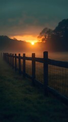 Fototapeta premium A tranquil morning scene: a wooden fence guides the eye towards a stunning sunrise in a misty field.