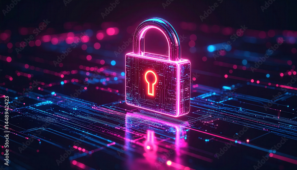 Aufkleber digital security concept with neon lock and circuit background