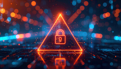 Digital security concept with glowing lock inside triangle