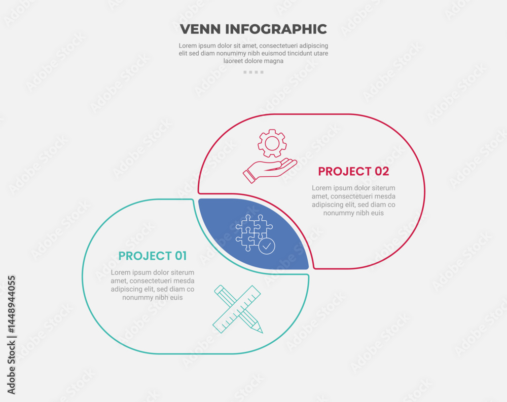 Aufkleber venn diagram infographic outline style with 2 point template with round rectangle box container up a