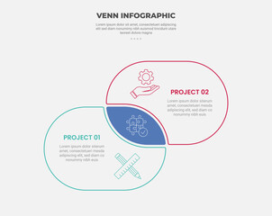 venn diagram infographic outline style with 2 point template with round rectangle box container up and down for slide presentation