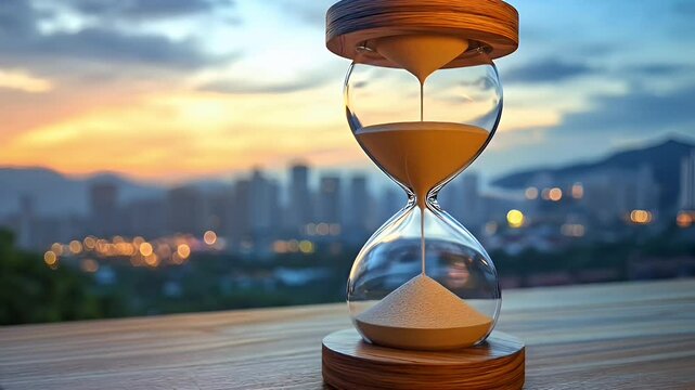 Hourglass at Sunset Over City Skyline