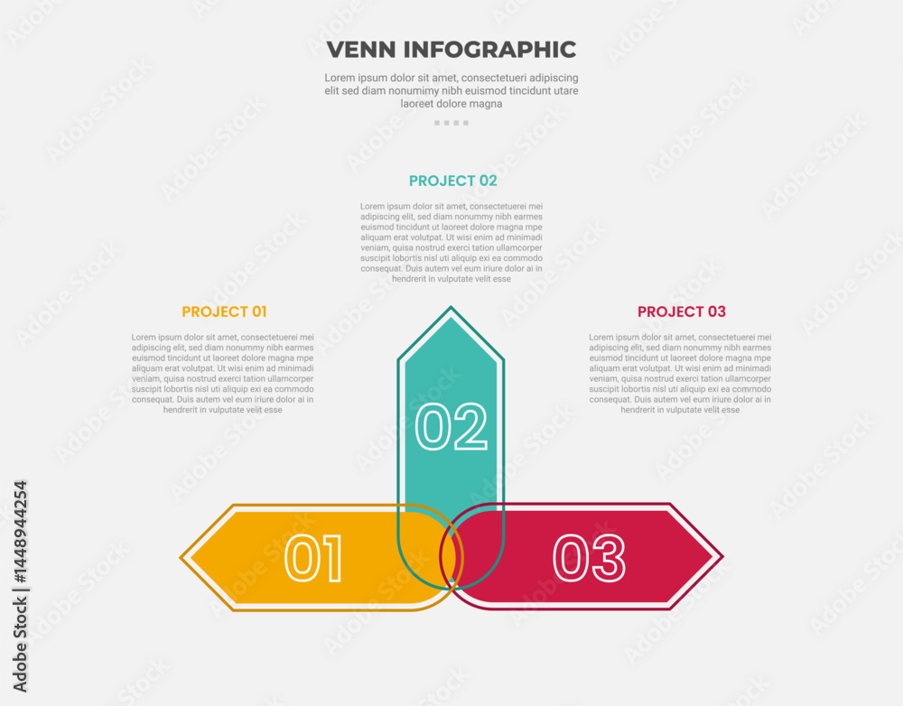 Aufkleber venn diagram infographic outline style with 3 point template with big arrow shape half circular with
