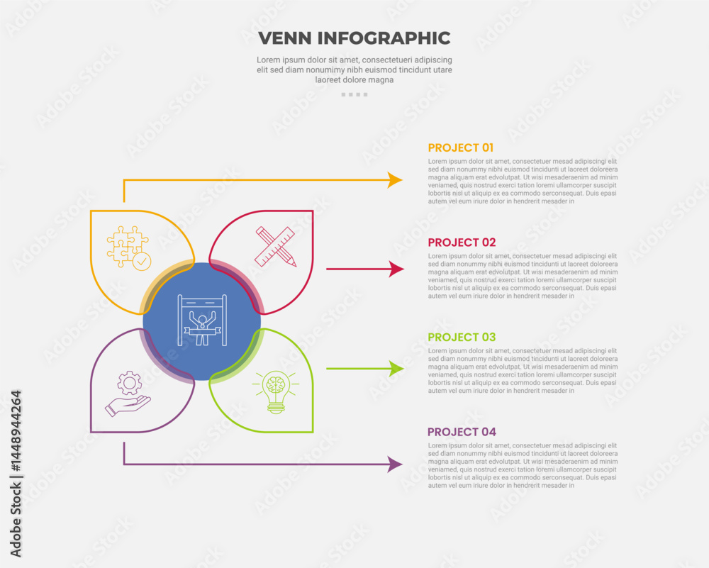 Aufkleber venn diagram infographic outline style with 4 point template with big circle center and flower matri