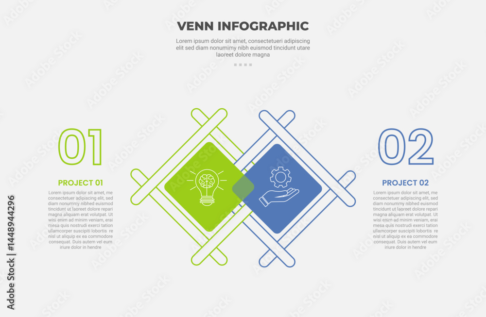Poster venn diagram infographic outline style with 2 point template with diamond shape with creative outlin