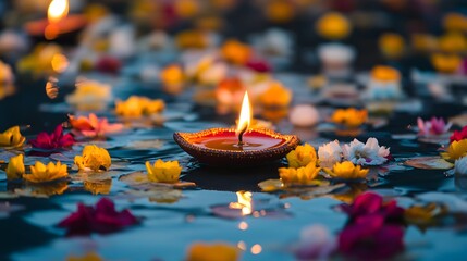 A lit candle floats on water surrounded by colorful flowers. The scene is serene and peaceful, perfect for meditation or relaxation themes. Soft lighting enhances the tranquil atmosphere.