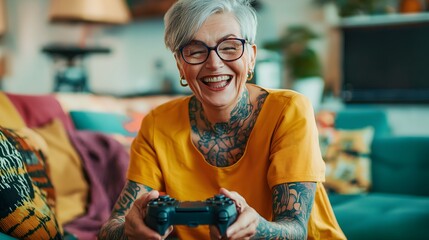 Happy older woman playing video games at home.